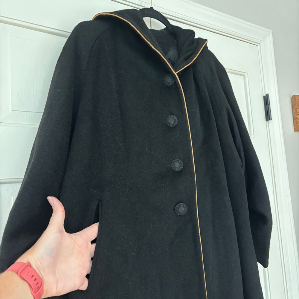 Vintage 1940s Union Wool Black Hooded Swing Coat Gold Trim VTG Union Made in USA - Picture 3 of 13